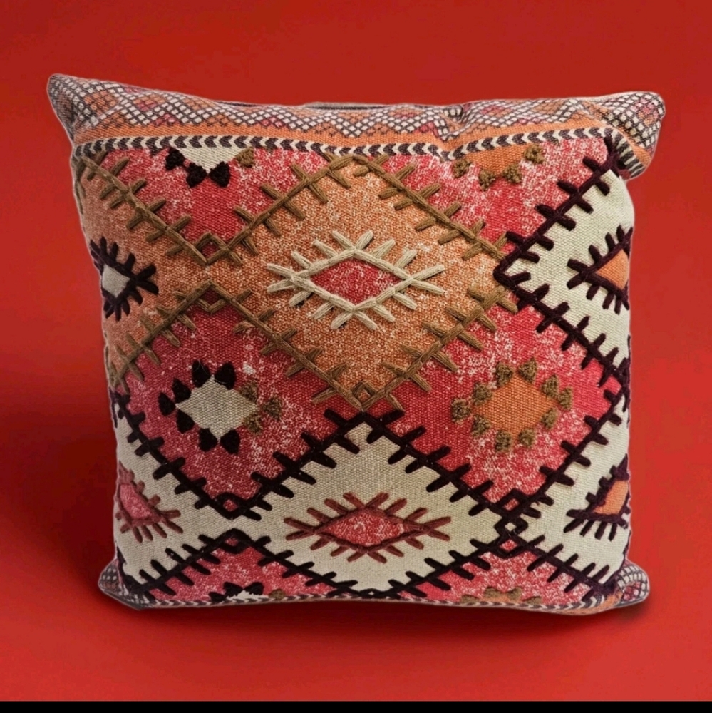 Boho Aztec Print 16"×16" Pillow Orange, Red, Brown Geometric Design, Washable